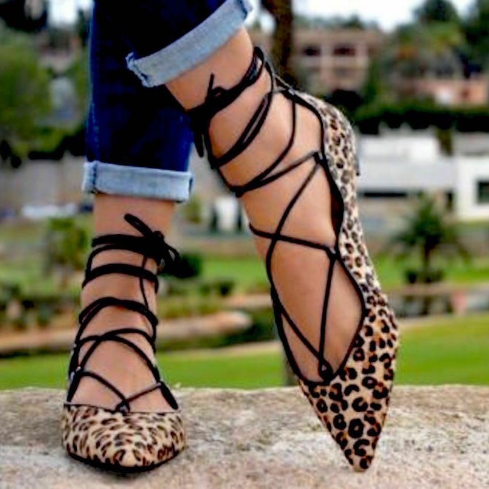 Zara Brown Leopard Pointed Toe Lace Up Flats - Picture 2 of 8